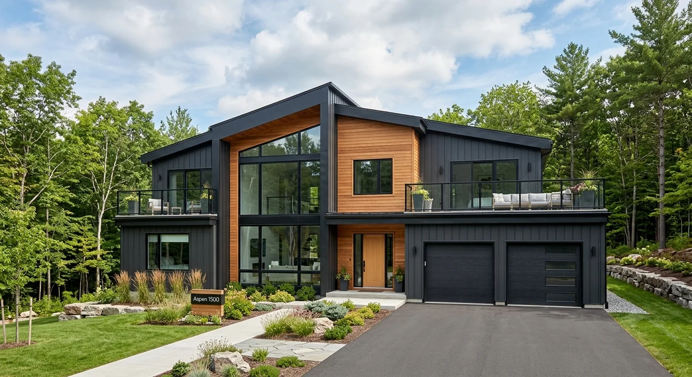 Modern 1500 Sq Ft house plans front elevation with white stucco exterior black roof stone accents and attached two car garage.